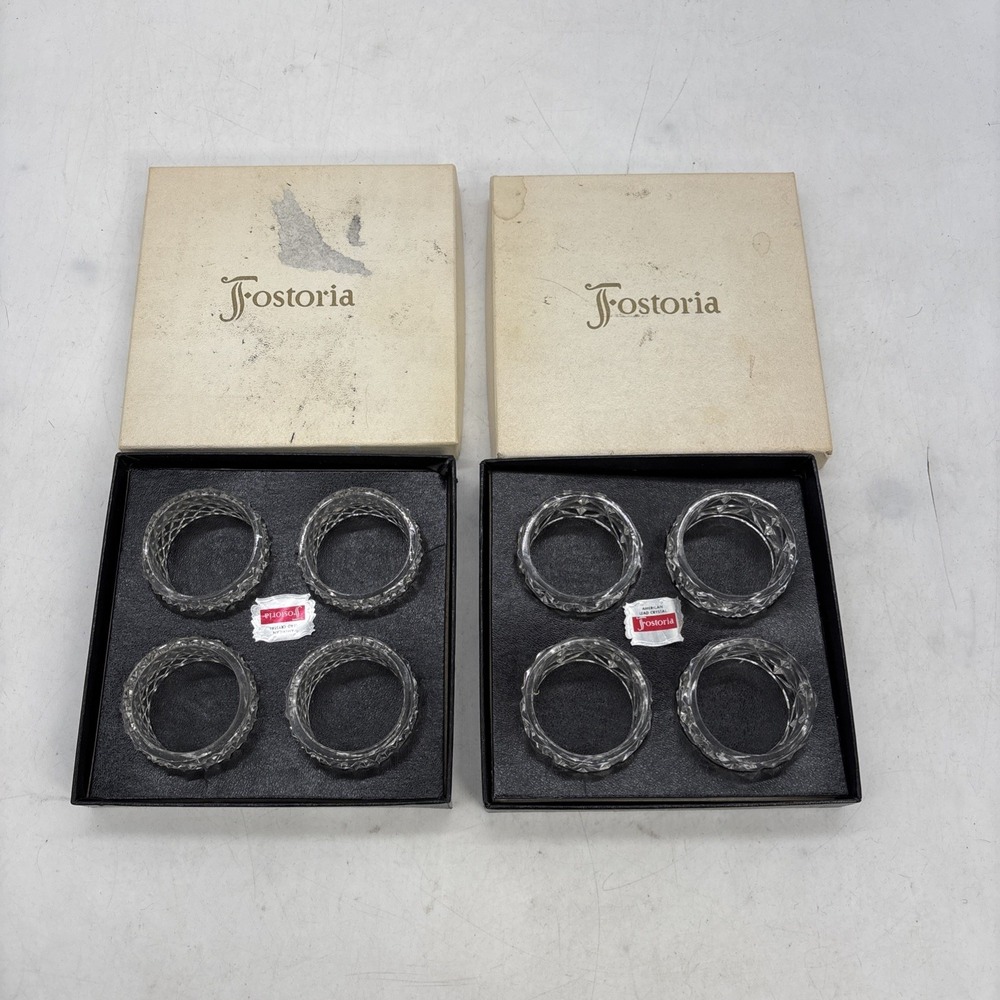 Fostoria American Clear Gass Napkin Rings Set Of 8 NOS New Old Stock Vintage